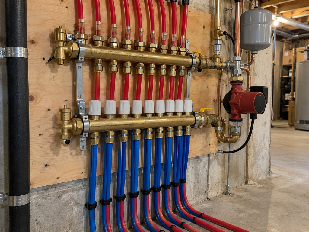 Illustration of a hydronic heating manifold, PEX piping and circulator