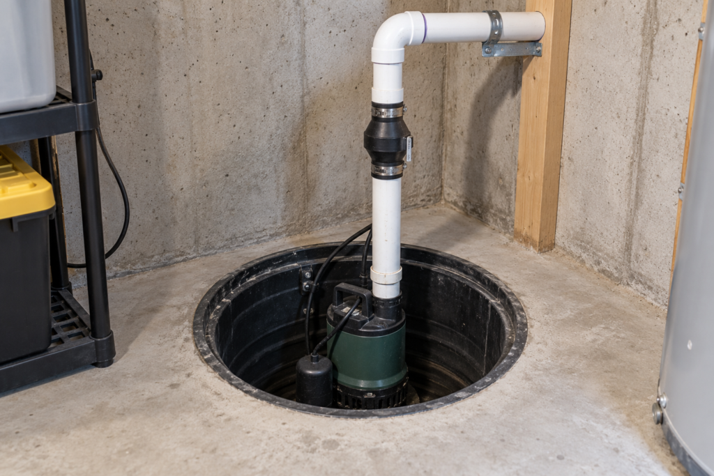 Illustration of a basement sump pump and discharge piping